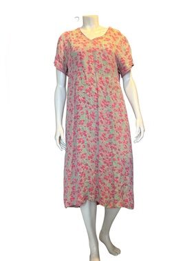 Vintage Y2K April Cornell Pink Floral Midi Dress Medium Cottagecore Short Sleeve